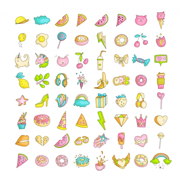 Cute funny Girl teenager colored icon set, fashion cute teen and princess icons - pizza, unicorn, cat, lollypop, fruits and other hand draw line teens icon collection. Magic fun cute girls objects