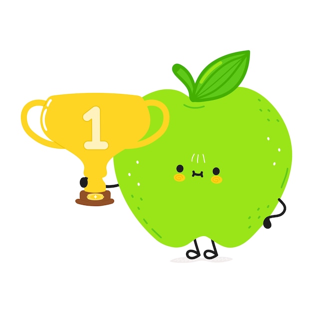 Cute funny green apple hold gold trophy cup character