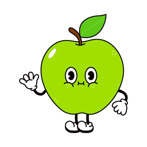 Cute funny green apple waving hand character