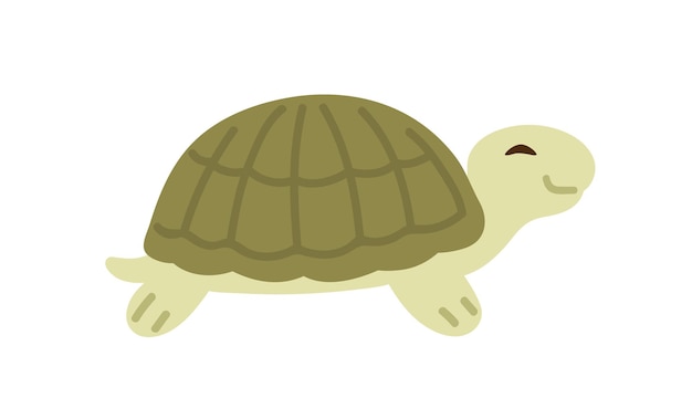 Cute and funny green turtle with shell. Side view of happy tortoise character crawling. Colored flat vector illustration of baby animal isolated on white background.