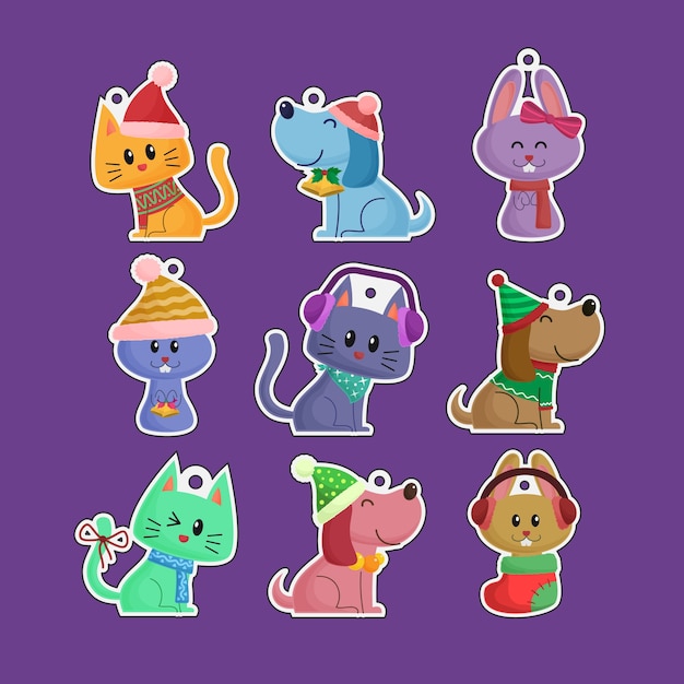 Cute funny hand drawn Christmas pets cats and dogs stickers label ornaments collection