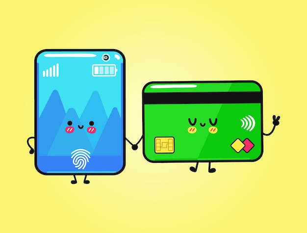 Cute funny happy credit card and smartphone character