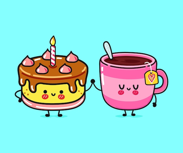 Cute funny happy cup of tea and cake character