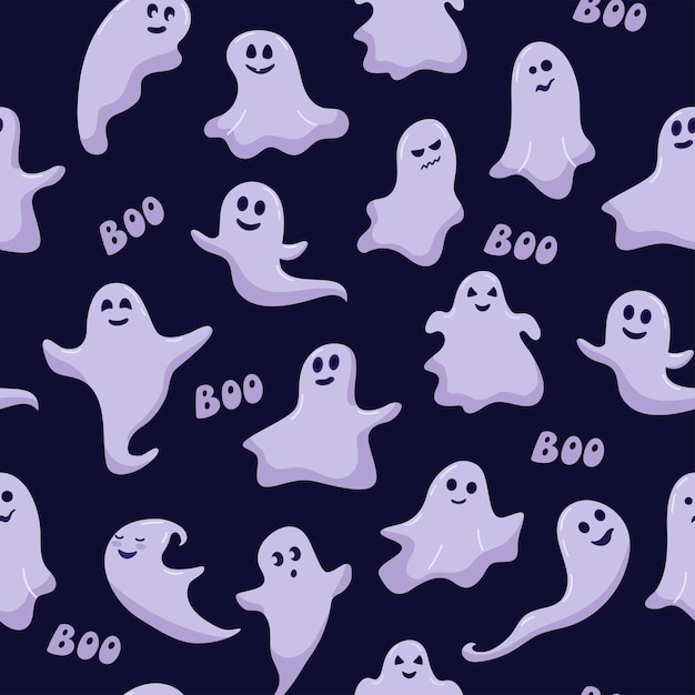 Cute funny happy ghosts seamless vector template . Cartoon childish phantoms with different emotions. Halloween template for print on packaging, paper, fabric or another surface.