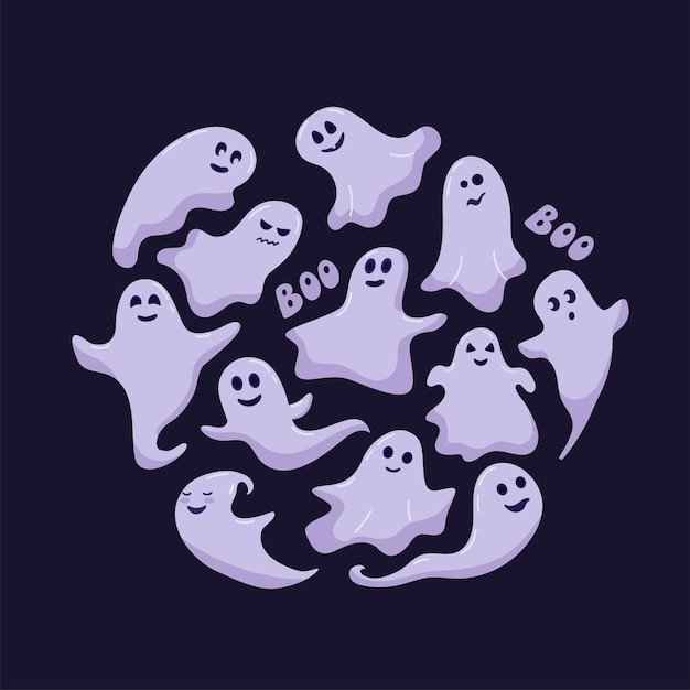 Cute funny happy ghosts in the shape of a circle. Magic cartoon childish vector phantoms with different emotions. Vector festive set for Halloween poster, greeting card, invitation, print.