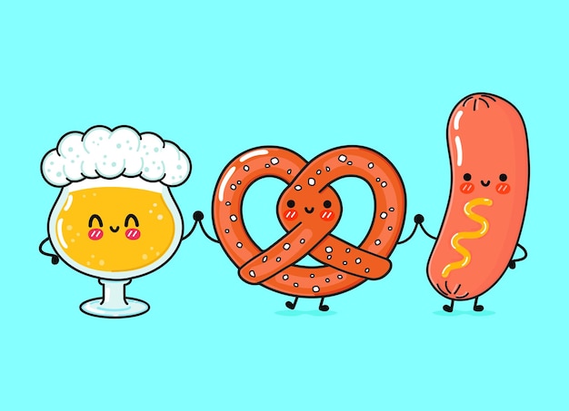 Vector cute funny happy glass of beer pretzel and sausage with mustard