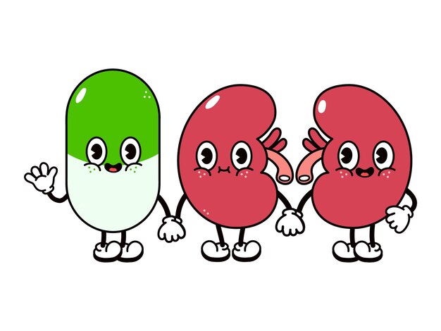 Cute funny happy kidneys and pill character