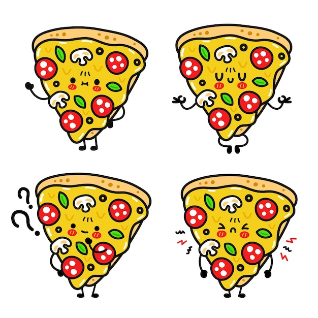 Cute funny happy pizza mascot set collection. Vector doodle line cartoon kawaii character illustration icon. Isolated on white background. Pizza cartoon mascot bundle set concept