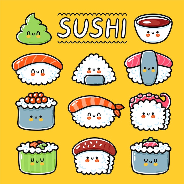 Cute funny happy sushi, maki, rolls cartoon character set collection. Vector hand drawn line kawaii character illustration icon. Cartoon kawaii cute sushi, asian food restaurant menu concept