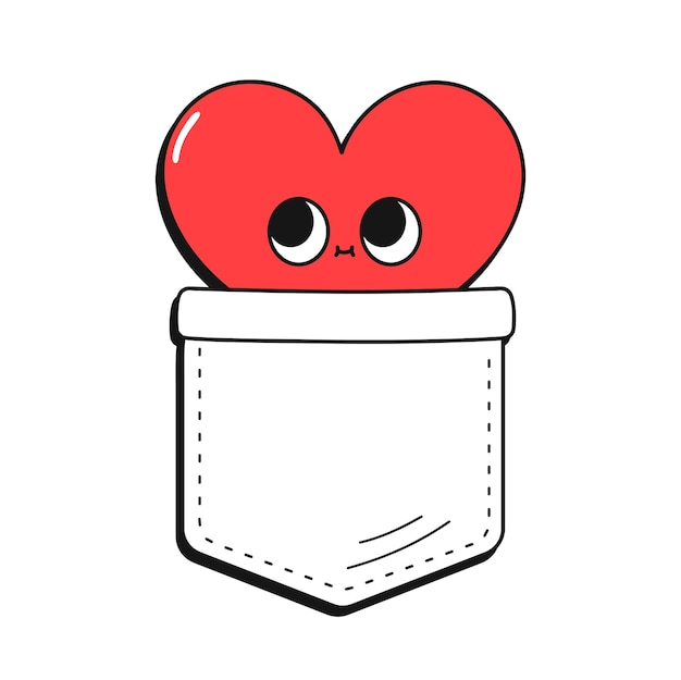 Cute funny heart in pocket t-shirt print.Vector cartoon doodle line style character logo illustration design.Isolated on white background. Funny vintage heart print for pocket t-shirt,clothing concept