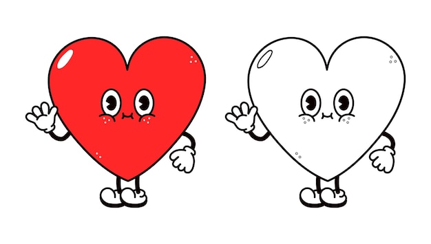 Cute funny heart waving hand character outline cartoon illustration for coloring book