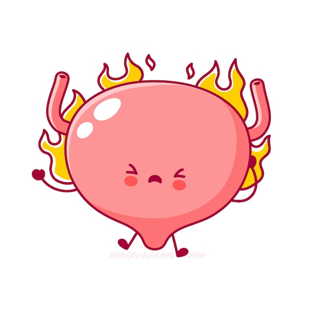 Cute funny human bladder organ character burn in fire