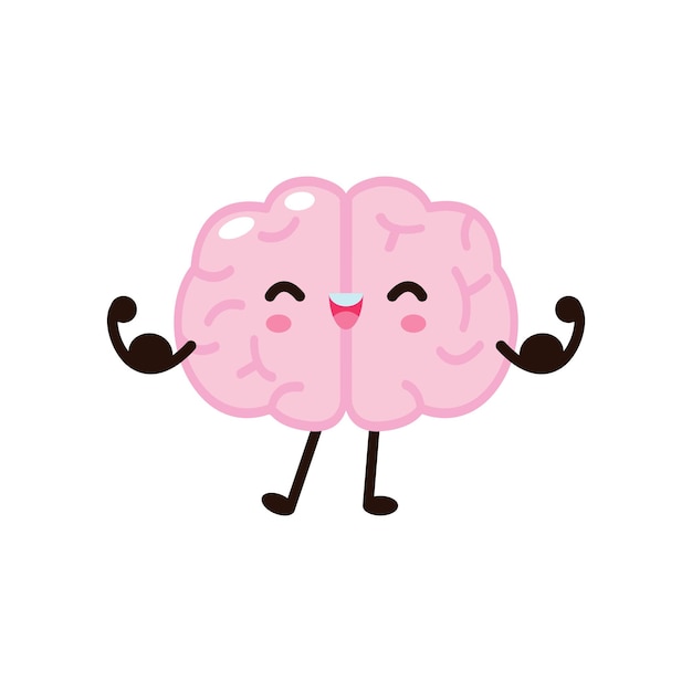 Cute funny human brain character show muscle, Vector illustration kawaii icon design Isolated