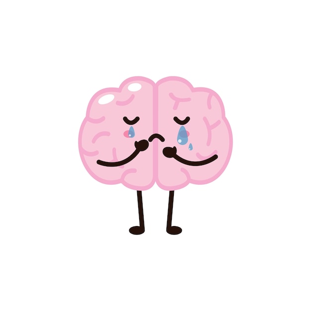 Cute funny human brain character with sad cry , Vector illustration kawaii icon design Isolated