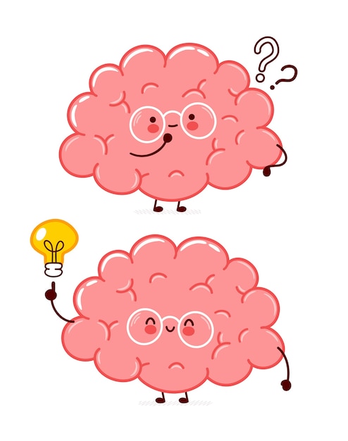 Cute funny human brain organ character with question mark and idea lightbulb. flat line cartoon kawaii character illustration icon. Isolated on white background. Brain organ character concept