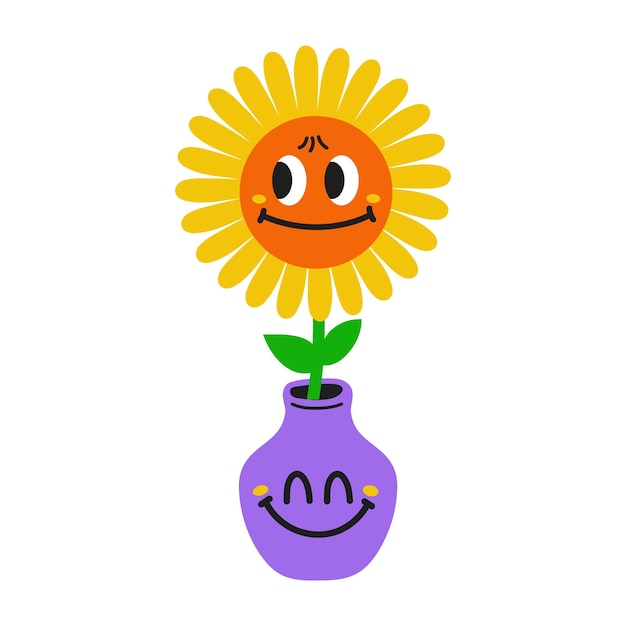 Cute funny kawaii smile face flower in vaseVector cartoon kawaii character logo illustration designPositive vintage smile facechamomile flowergarden concept