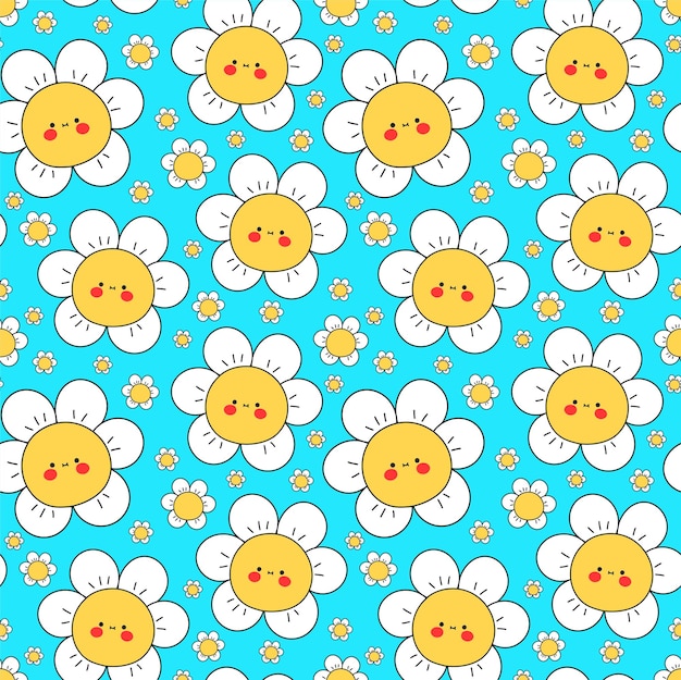 Cute funny kawaii smile face flowers on blue background seamless patternVector cartoon kawaii character illustration designPositive vintage smile face chamomile flower seamless pattern concept