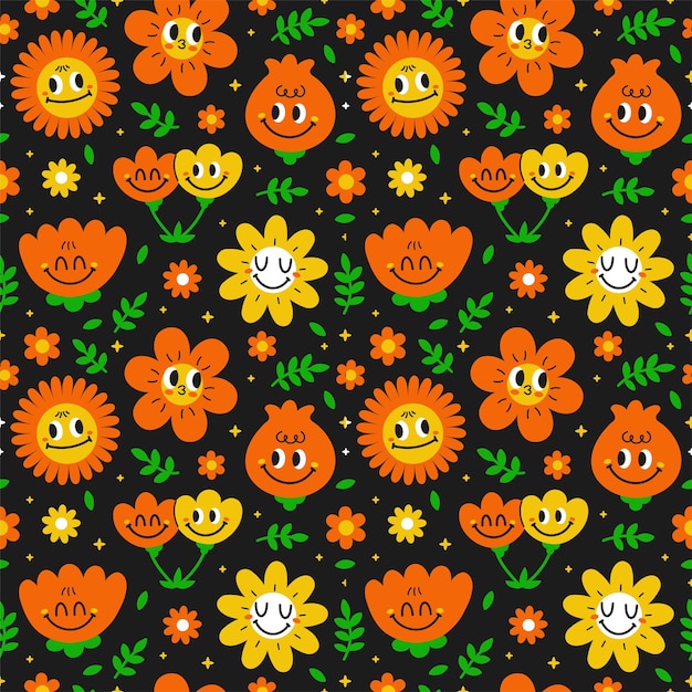 Cute funny kawaii smile face flowers seamless patternVector cartoon kawaii character illustration designPositive vintage smile facechamomile flowergarden seamless pattern concept