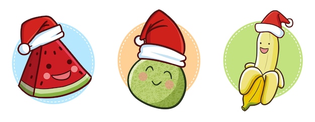 Cute and funny kawaii watermelon, melon, and banana wearing Santa's hat for christmas