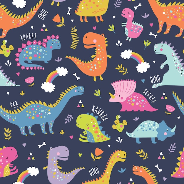 Cute funny kids dinosaurs pattern. 