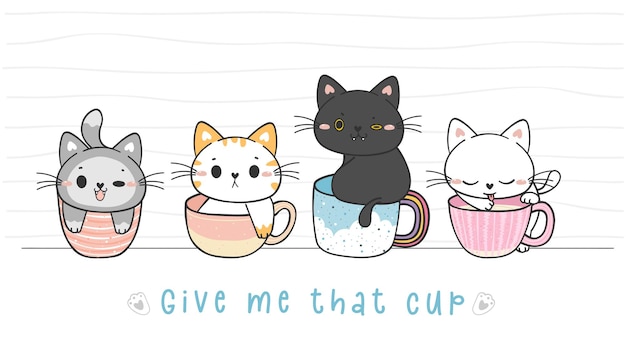 Cute funny kitten cat in coffee cup mug collection adorable animal pet hand drawing doodle vector