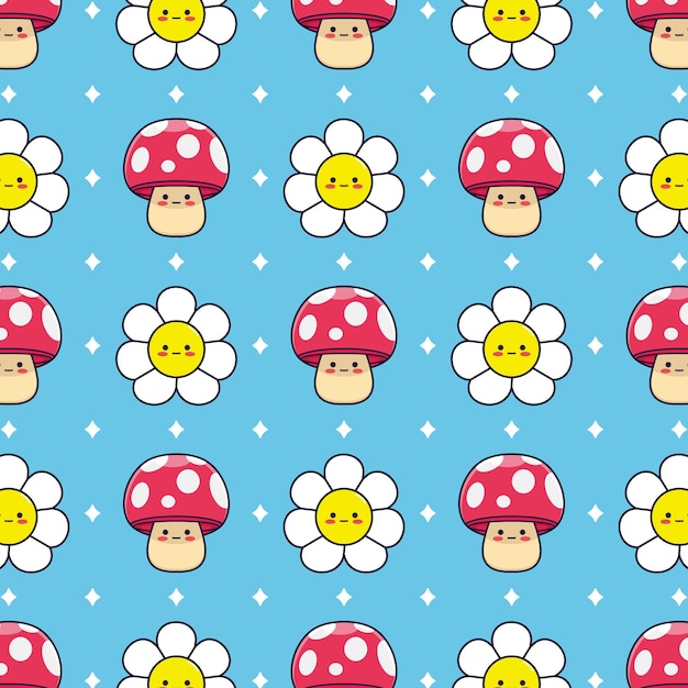 Cute funny little mushroom and flower seamless pattern. Vector hand drawn cartoon kawaii character