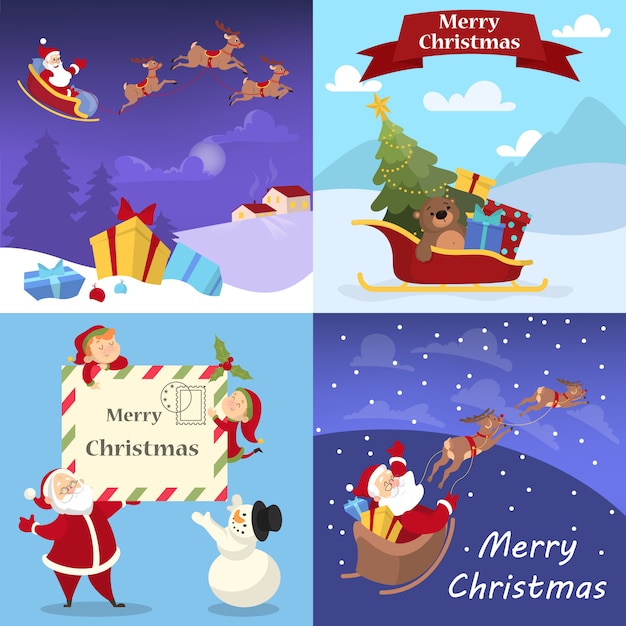 Cute funny merry xmas postcard decoration set. Greeting card for Christmas decoration. Beautiful .  illustration in cartoon style