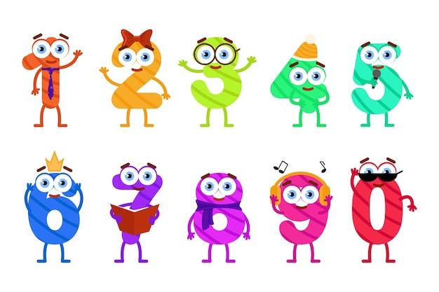 Cute funny numbers adorable vector math characters one two three four five six seven eight nine zero