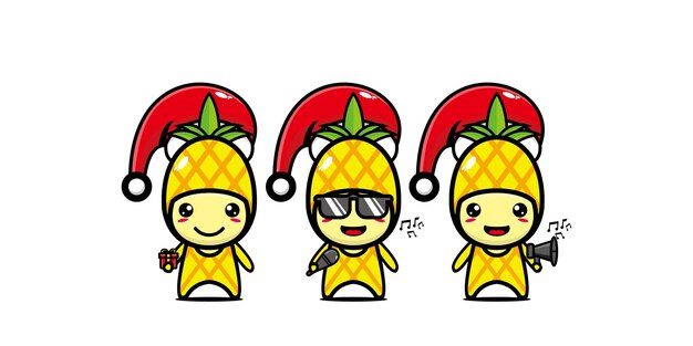 Cute funny pineapple character celebrating christmas Vector flat line kawaii cartoon character