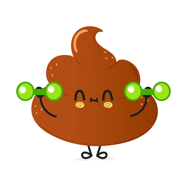 Vector cute funny poop character with dumbbells