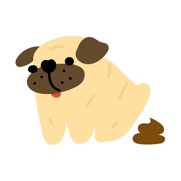 Cute funny pug is pooping. Hand drawn vector illustration on white background.