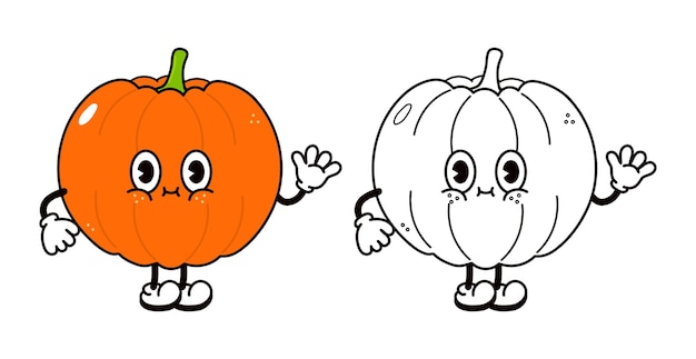 Cute funny pumpkin waving hand character outline cartoon illustration for coloring book