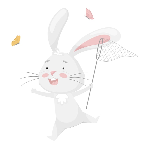 Cute funny rabbit catching butterflies with a net Summer fun activityKids design Adorable animal character in pastel colors For cards clothes t shirt printVector illustration isolated on white