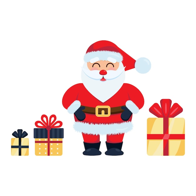 Cute funny Santa Claus with gift boxes