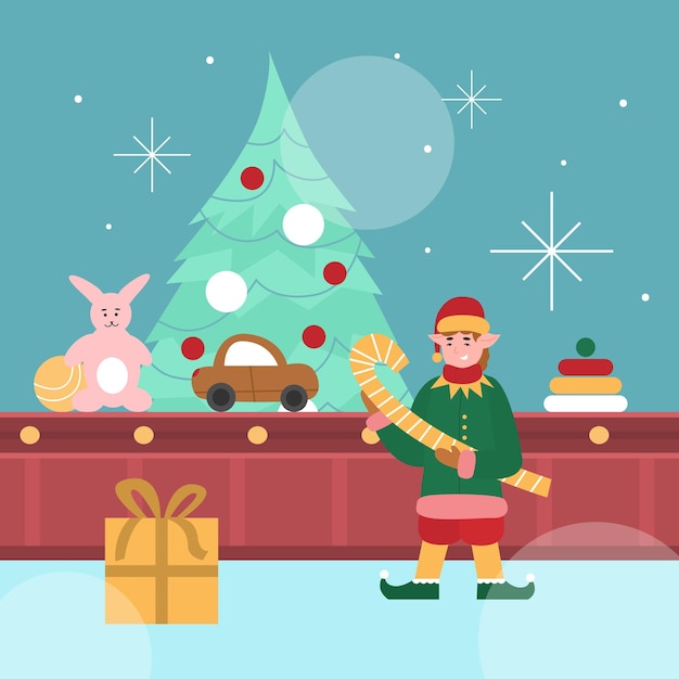 Cute funny santas elf near toys factory conveyor cartoon vector illustration