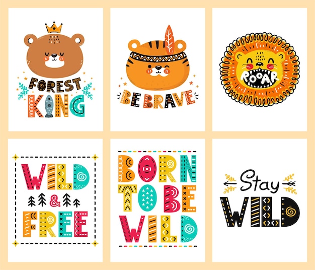 Vector cute funny scandinavian poster,t-shirt prints set collection.vector scandinavian style cartoon character illustration.bear,tiger,lion  character,quote nursery t-shirt,card,poster print set concept