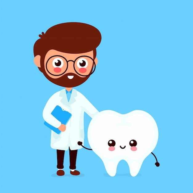 Cute funny smiling dentist doctor and healthy happy tooth