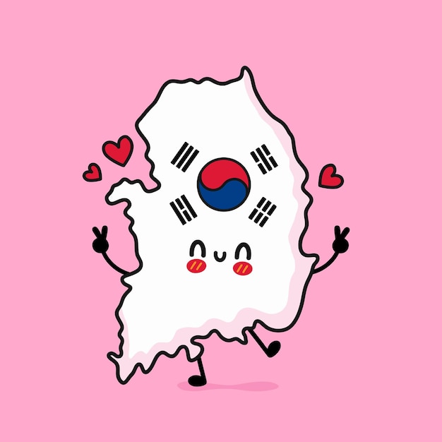 Cute funny smiling happy South Korea map and flag character Vector cartoon character illustration icon design South Korea map outline concept