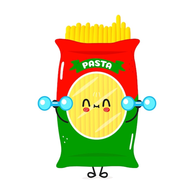 Cute funny spaghetti character with dumbbells