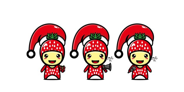 Cute funny strawberry character celebrating christmas Vector flat line kawaii cartoon character