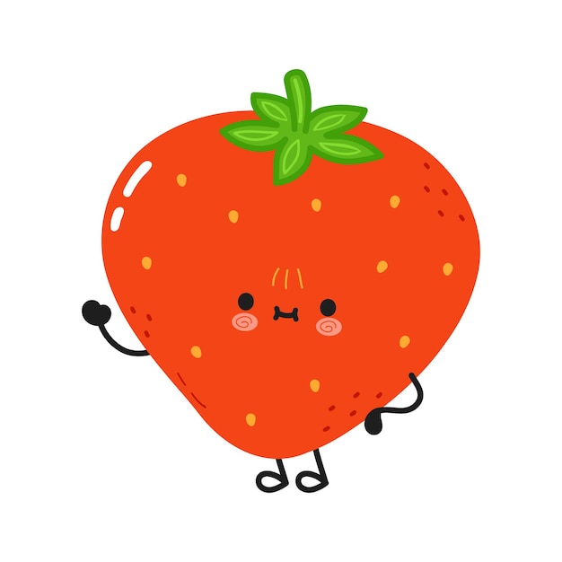 Cute funny strawberry waving hand character