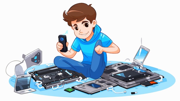 Vector cute funny technician fixing broken device