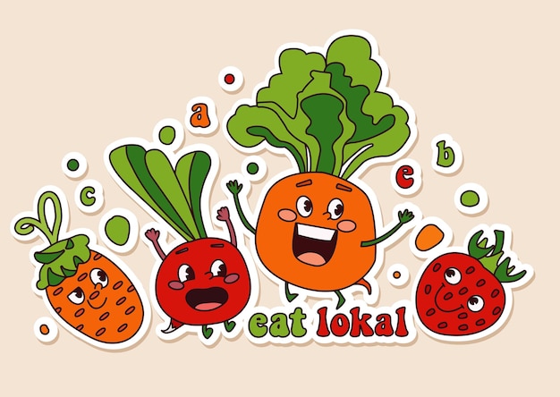 Cute and funny vegetable characters in various posing and emotional set contains strawberry beet tur