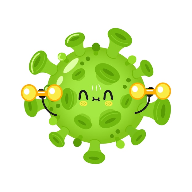 Cute funny virus character with dumbbells