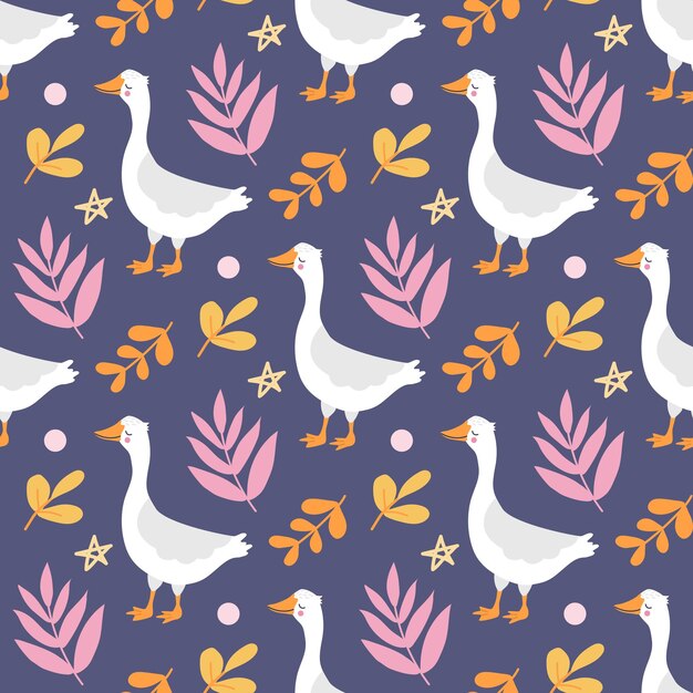 Vector cute funny white goose among the plants on purple background vector seamless pattern on purple