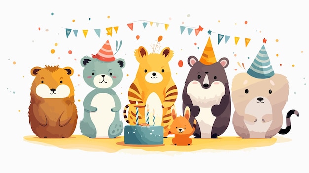 Vector cute funny wild animal happy birthday card design