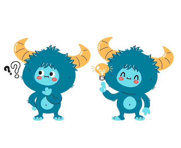 Cute funny yeti monster character with question mark and idea lightbulb