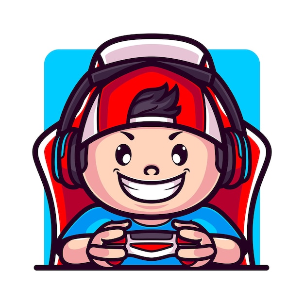 Cute gamer boy playing with controller and gaming chair cartoon