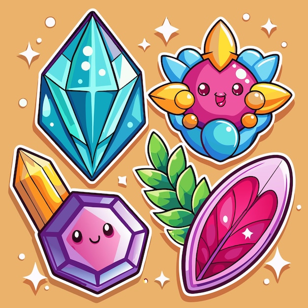 Vector cute gem stickers with shiny sparkle