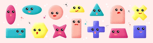 Cute geometric shapes Funny character with eyes round square and polygon forms Colorful figure star with face For kindergarten children swanky vector kit